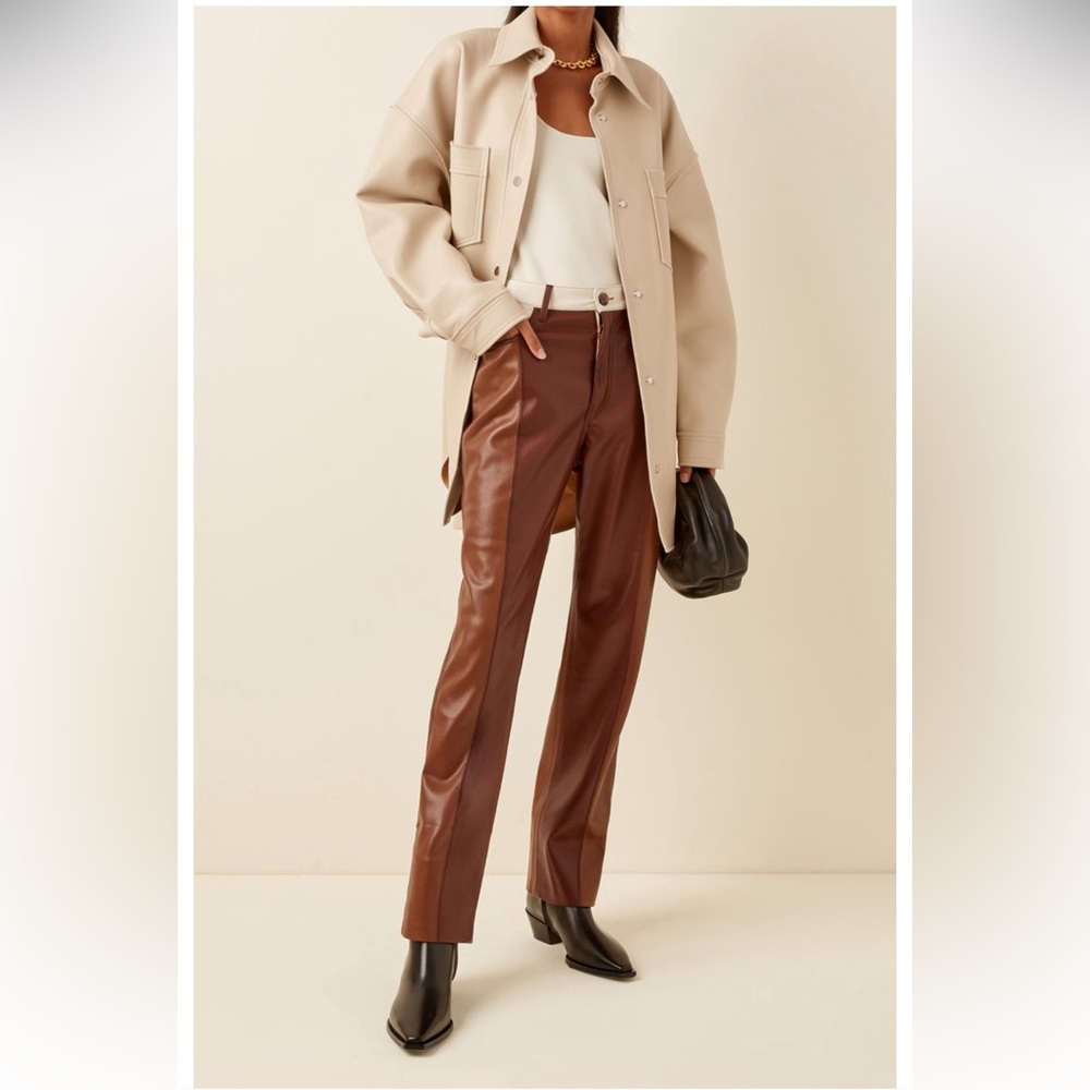 Nanushka Vinni Brown Patch Vegan Leather color block straight leg pants